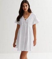 New Look White Jersey Tie Front Frill Sleeve Mini Smock Dress